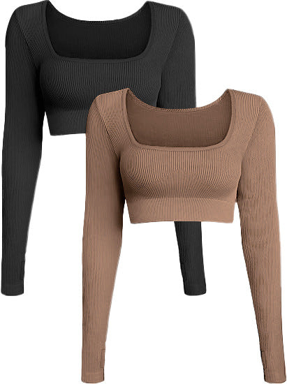 LADIES LONG SLEEVE CROP TOP BLACK / GRAY / KHAKI / BLUE (SIZE S-2XL)
