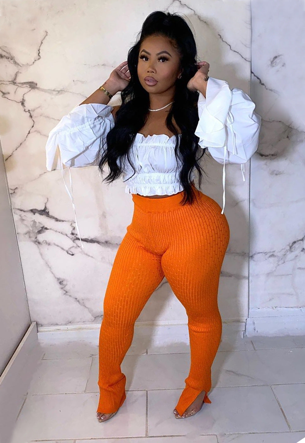 LADIES LONG SLEEVE TUBE CROP TOP WHITE (SIZE S-3XL)