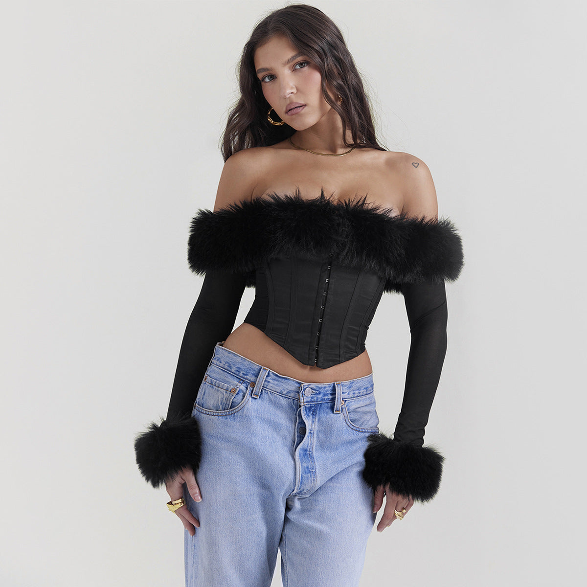 LADIES LONG SLEEVE CROP TOP BLACK (SIZE XS-L)
