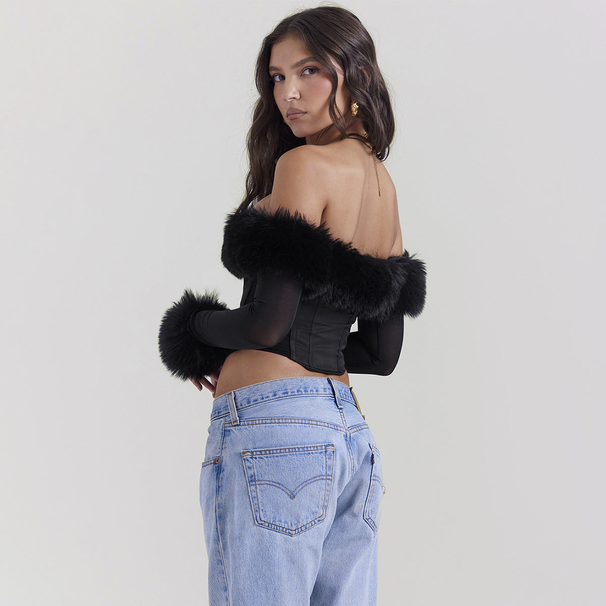 LADIES LONG SLEEVE CROP TOP BLACK (SIZE XS-L)