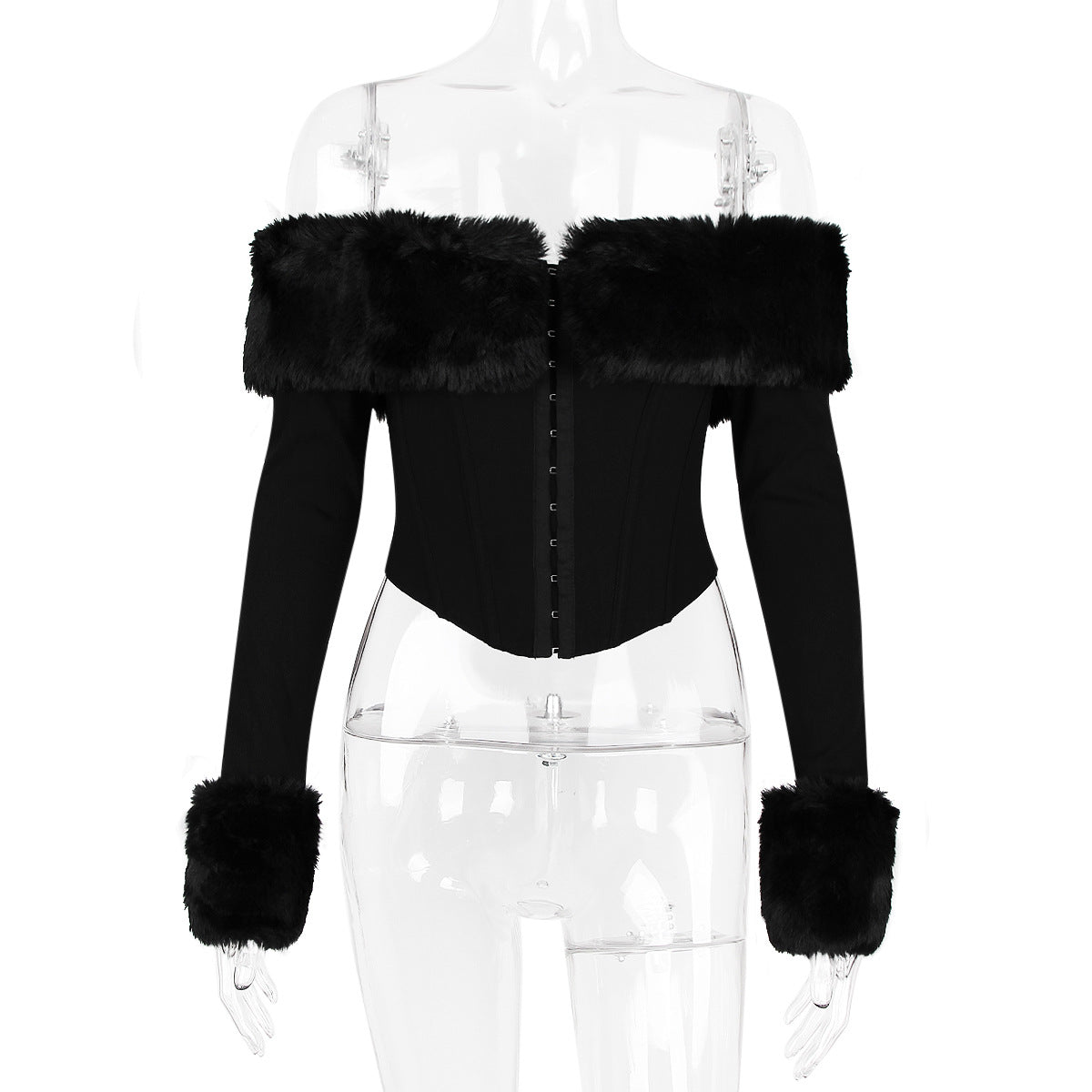 LADIES LONG SLEEVE CROP TOP BLACK (SIZE XS-L)