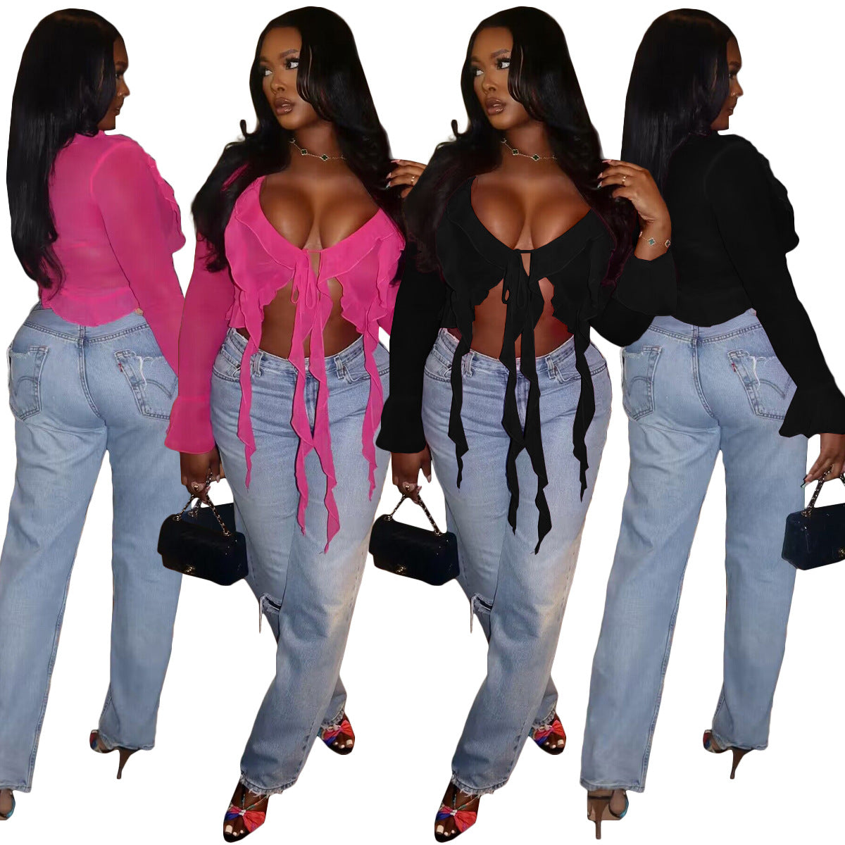 LADIES LONG SLEEVE CROP TOP PINK / BLACK (SIZE S-2XL)