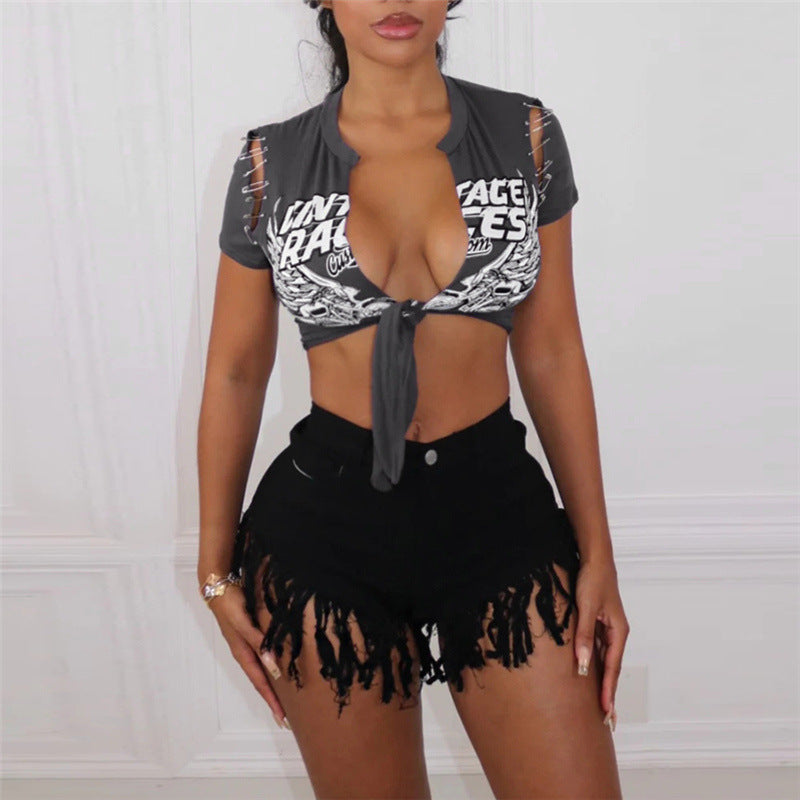 LADIES SHORT SLEEVE TIE CROP TOP WHITE / GRAY (SIZE S-L)