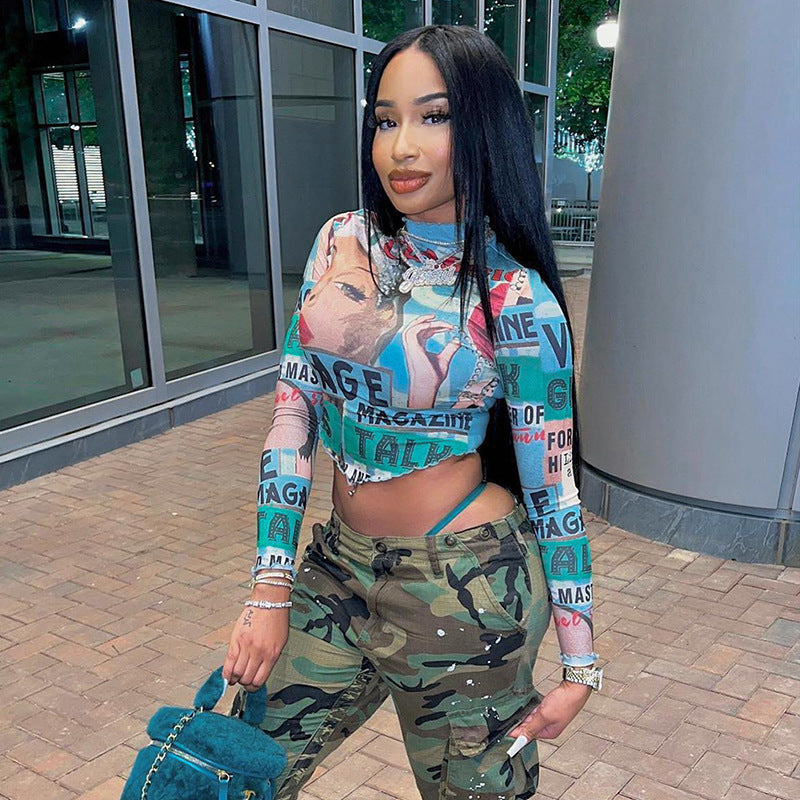 LADIES LONG SLEEVE MESH CROP TOP BLUE (SIZE S-L)