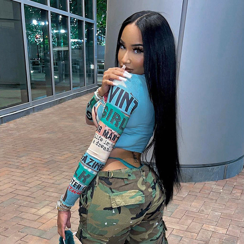 LADIES LONG SLEEVE MESH CROP TOP BLUE (SIZE S-L)