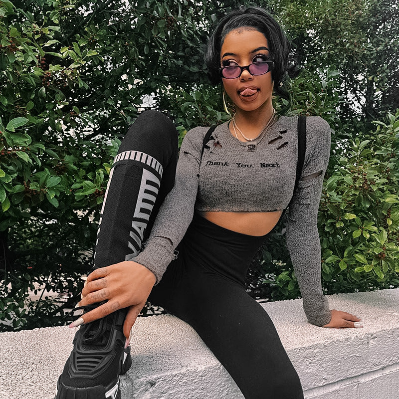 LADIES LONG SLEEVE CROP TOP GRAY (SIZE S-L)
