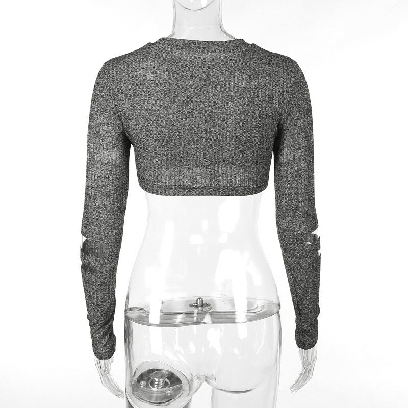LADIES LONG SLEEVE CROP TOP GRAY (SIZE S-L)