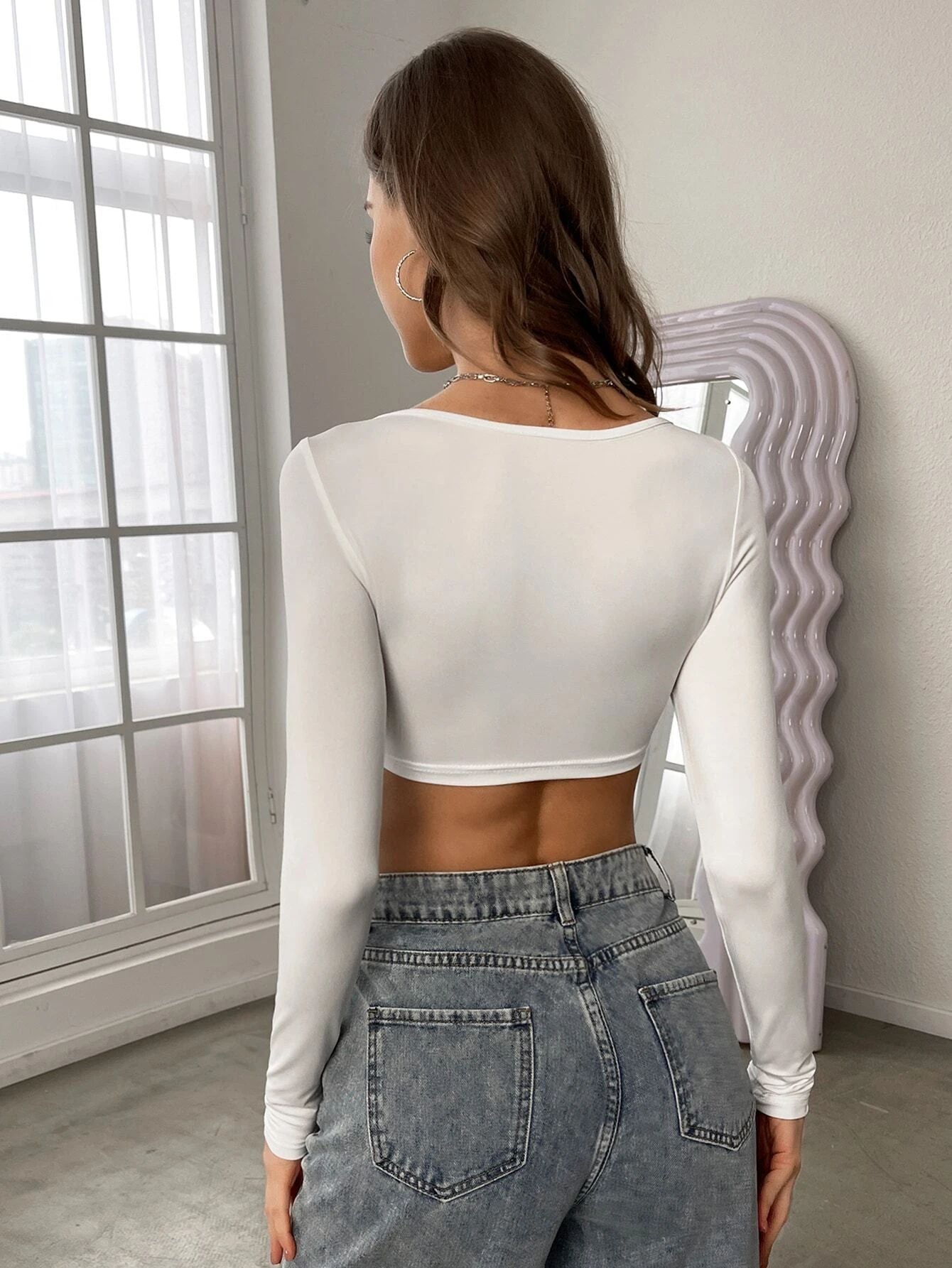 LADIES LONG SLEEVE CROP TOP BLACK / WHITE / BROWN / PINK (SIZE S-XL)