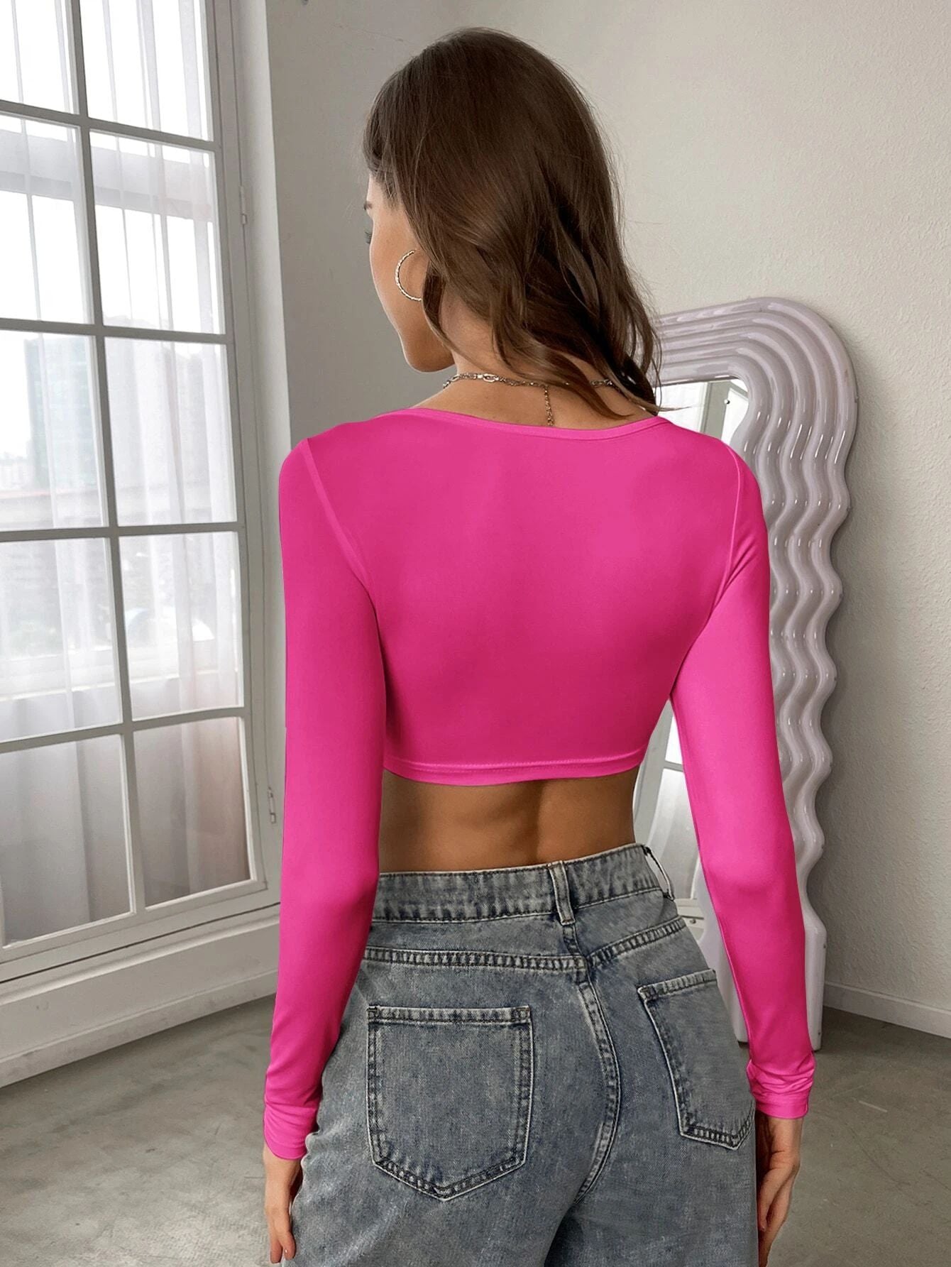 LADIES LONG SLEEVE CROP TOP BLACK / WHITE / BROWN / PINK (SIZE S-XL)