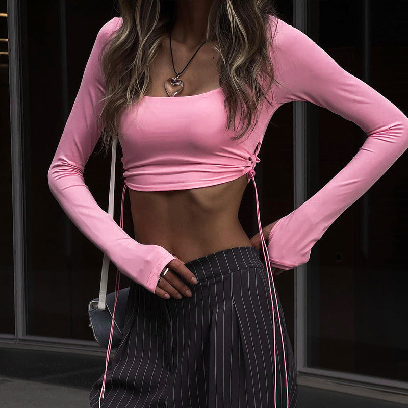 LADIES LONG SLEEVE CROP TOP PINK (SIZE S-L)