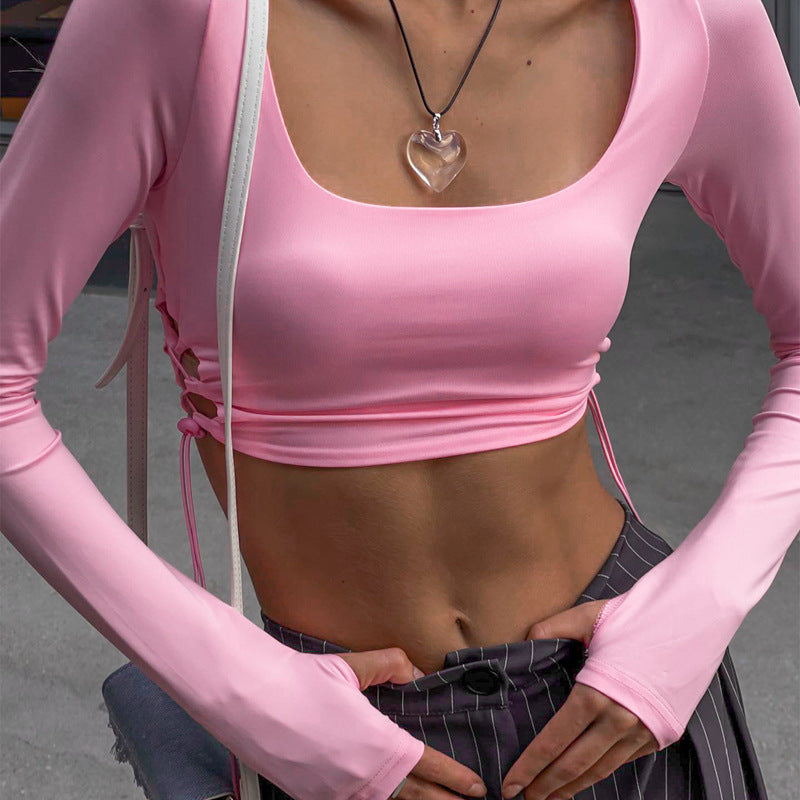 LADIES LONG SLEEVE CROP TOP PINK (SIZE S-L)