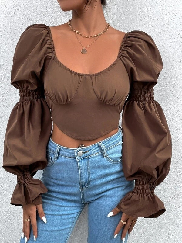 LADIES LONG SLEEVE CROP TOP WHITE / BLACK / BROWN (SIZE S-XL)