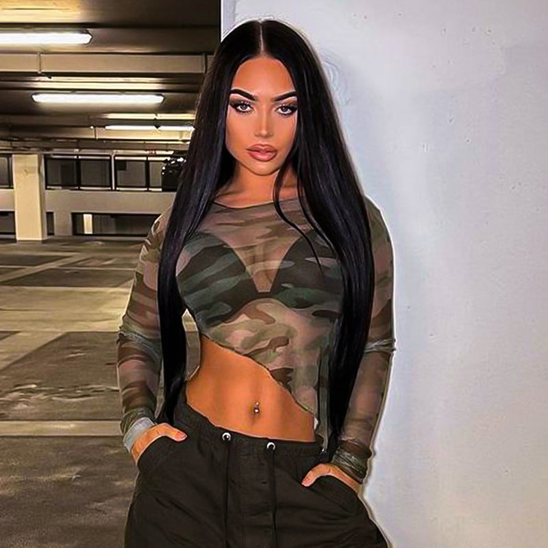 LADIES LONG SLEEVE MESH CROP TOP GREEN (SIZE S-L)