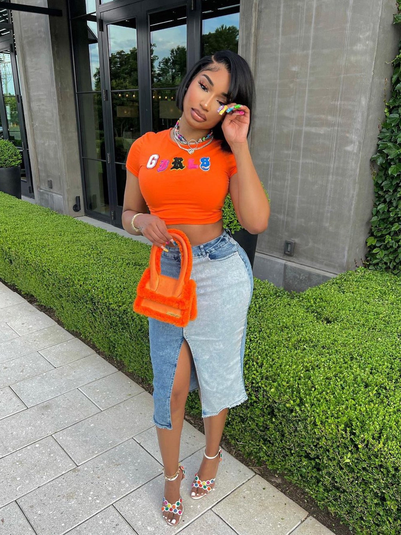 LADIES PRINTED CROP TEE TOP ORANGE (SIZE S-L)