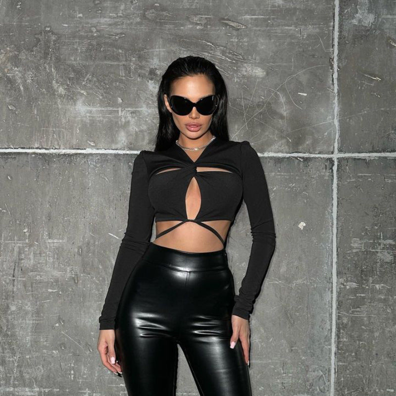 LADIES LONG SLEEVE CUT OUT CROP TOP BLACK (SIZE S-L)