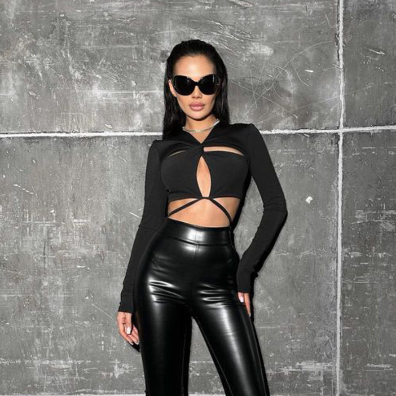 LADIES LONG SLEEVE CUT OUT CROP TOP BLACK (SIZE S-L)