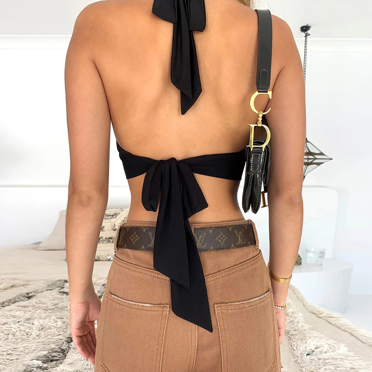 LADIES HALTER NECK CROP TOP BLACK (SIZE XS-L)