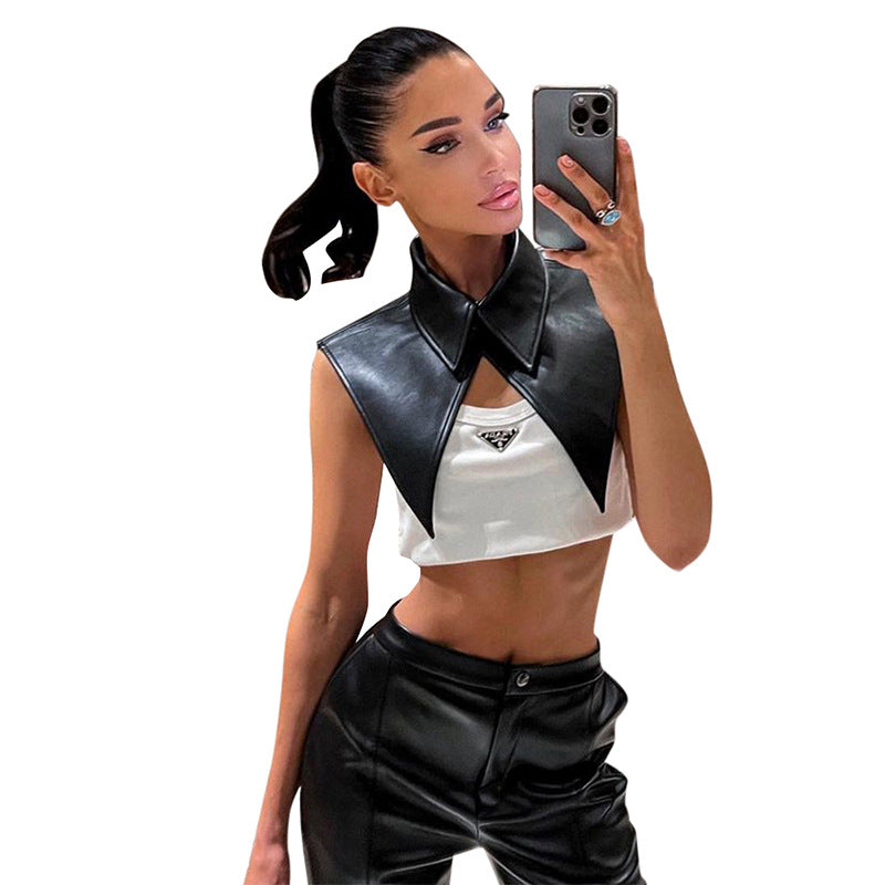 LADIES SEXY PU LEATHER CROP TOP BLACK (SIZE S-L)