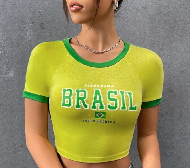 LADIES CROPPED T SHIRT GREEN / YELLOW / BLACK / BLUE (SIZE S-L)
