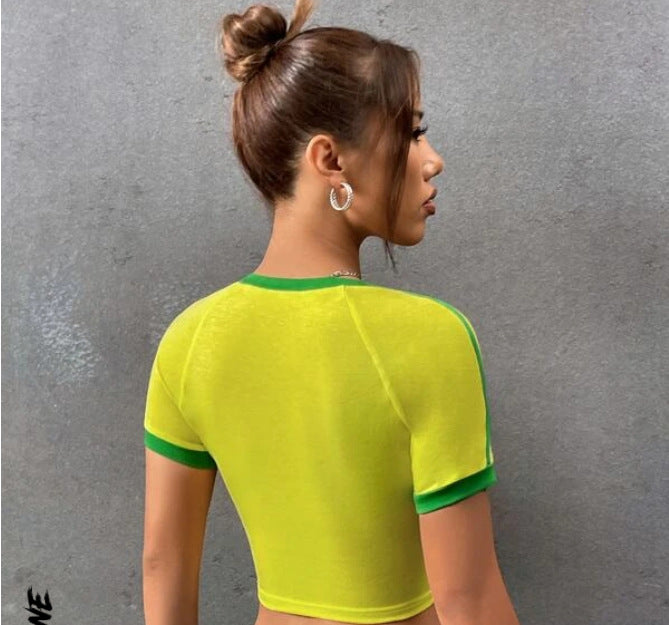 LADIES CROPPED T SHIRT GREEN / YELLOW / BLACK / BLUE (SIZE S-L)