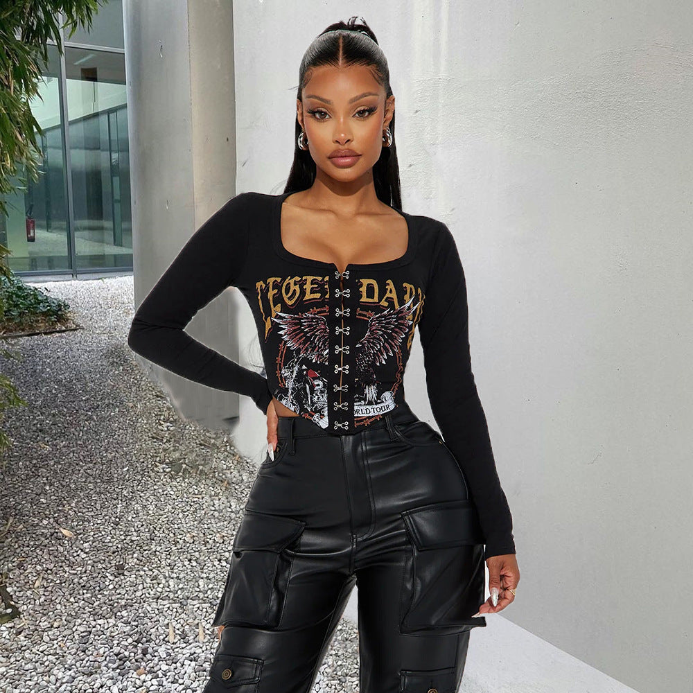 LADIES LONG SLEEVE CROP TOP BLACK (SIZE S-L)