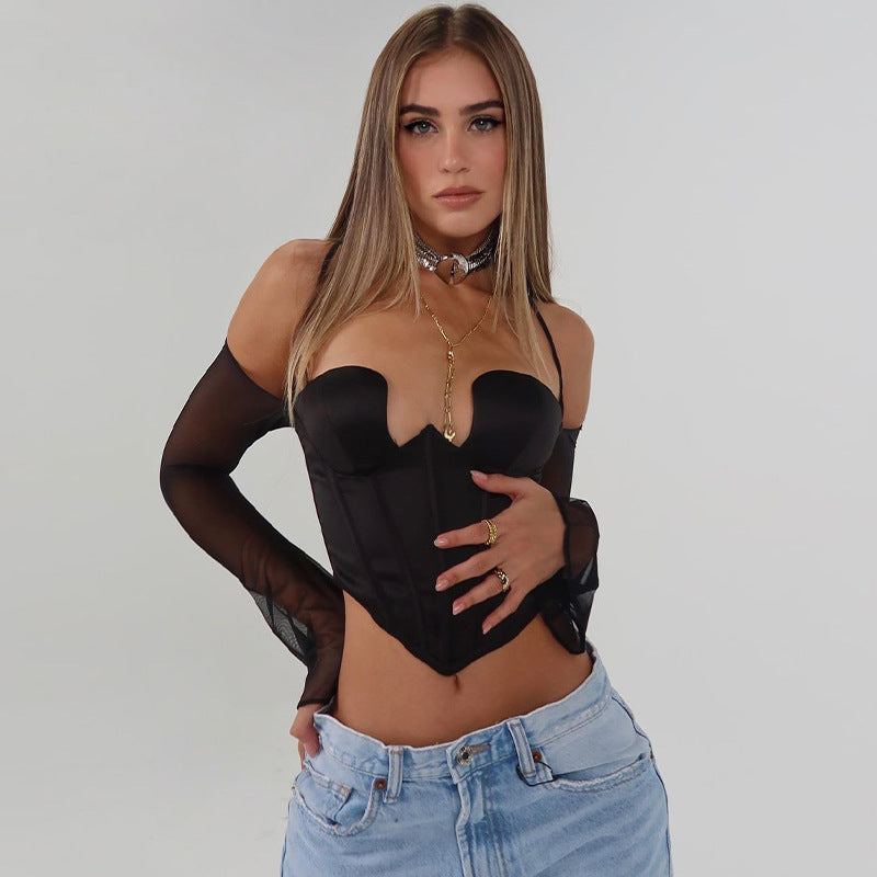 LADIES LONG SLEEVE MESH CORSET TOP BLACK (SIZE S-L)