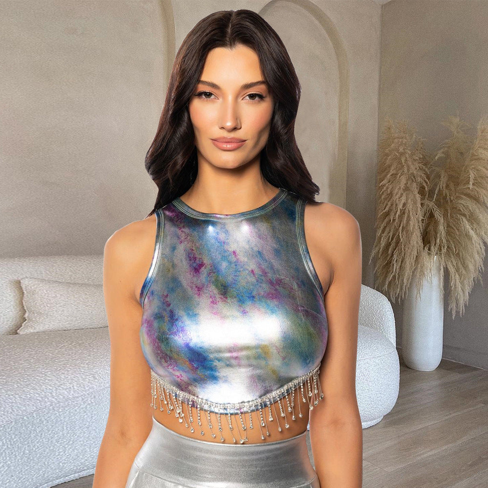 LADIES PU LEATHER VEST TOP SILVER (SIZE S - L)