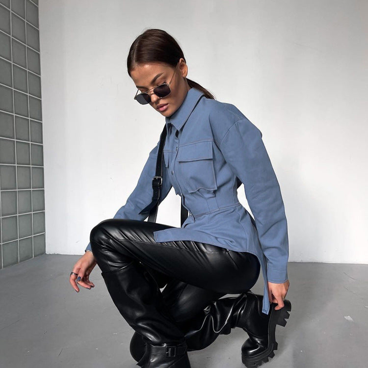 LADIES LONG SLEEVE DENIM SHIRT BLUE (SIZE S-L)