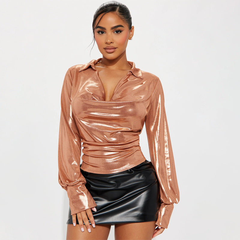 LADIES METALLIC LONG SLEEVE SHIRT (SIZE S-2XL)