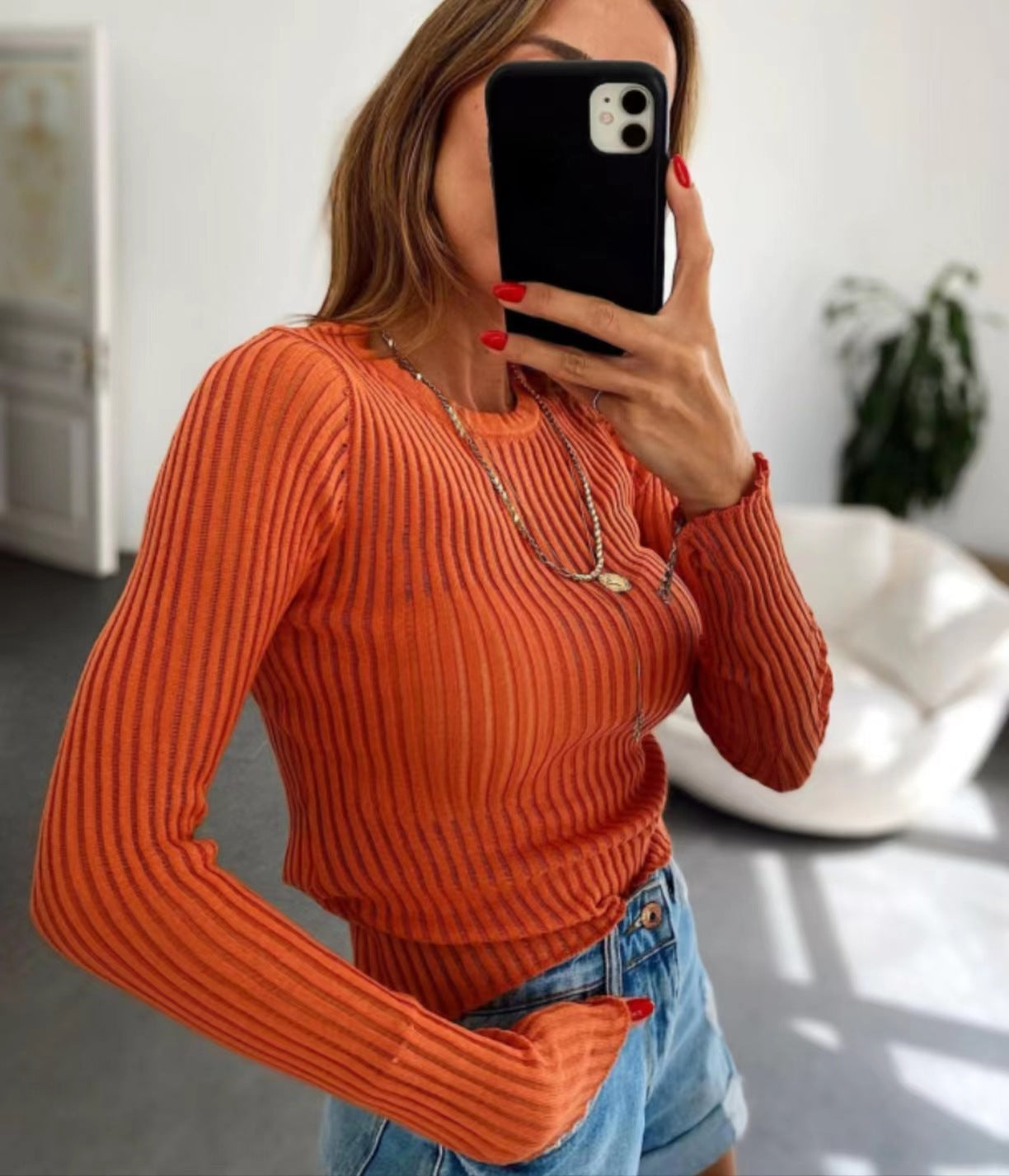 LADIES LONG SLEEVE KNITTED TOP WHITE / BLACK / ORANGE / GRAY (SIZE S-L)