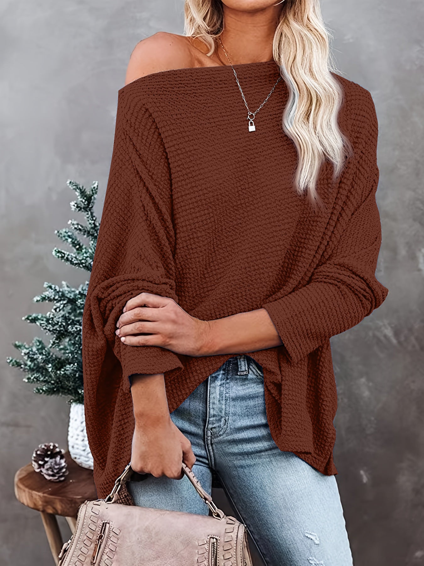 LADIES PLUS SIZE OFF THE SHOULDER KNITTED SWEATER TOP 9 COLOURS (SIZE S-5XL)