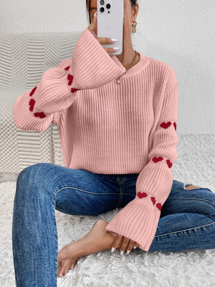 LADIES HEART PRINT SWEATER TOP CAMEL / WHITE / PINK / PURPLE (SIZE S-2XL)