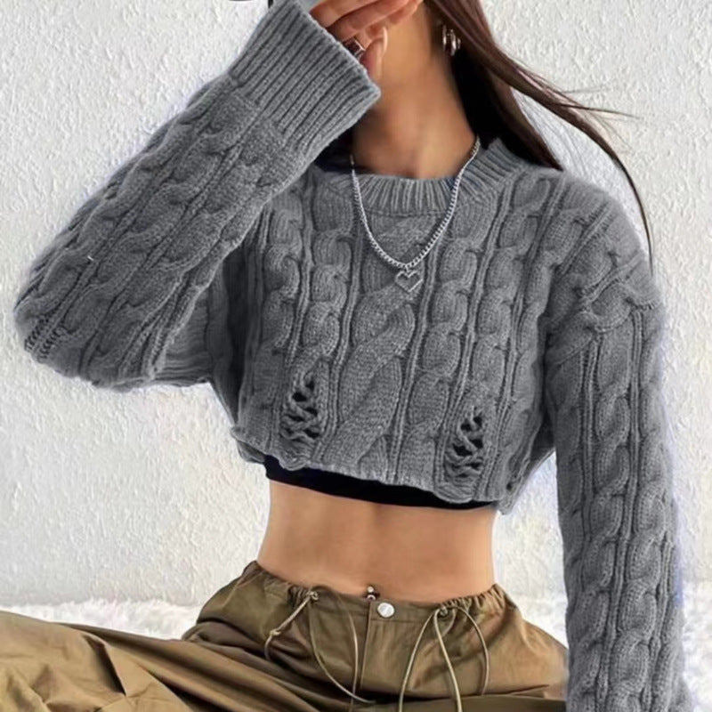 LADIES KNITTED CROPPED SWEATER TOP GRAY / BLACK / APRICOT / BLUE / COFFEE (FREE SIZE)