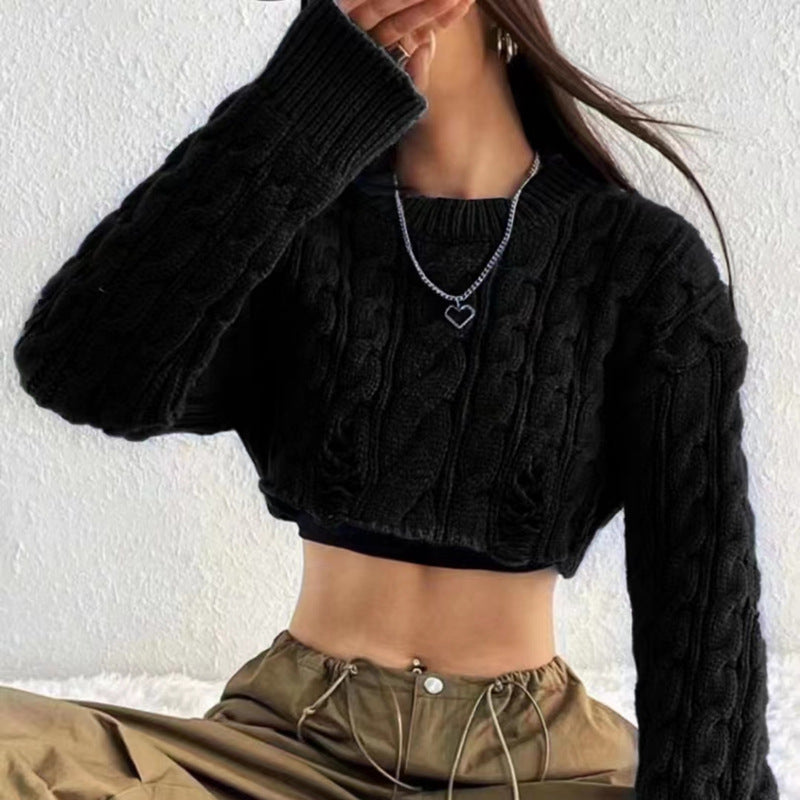 LADIES KNITTED CROPPED SWEATER TOP GRAY / BLACK / APRICOT / BLUE / COFFEE (FREE SIZE)