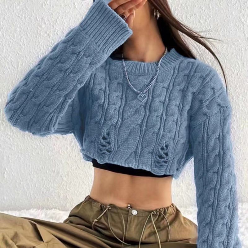 LADIES KNITTED CROPPED SWEATER TOP GRAY / BLACK / APRICOT / BLUE / COFFEE (FREE SIZE)