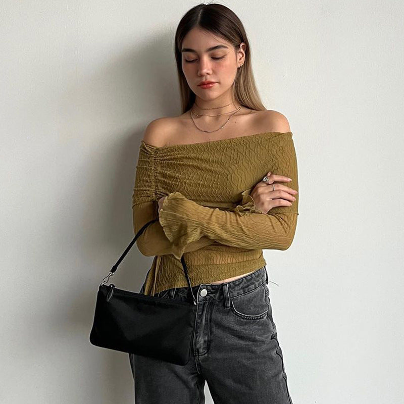LADIES OFF THE SHOULDER KNITWEAR TOP ARMY GREEN (SIZE S-L)