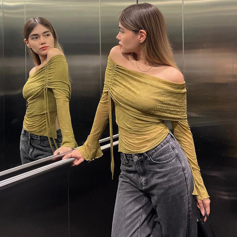 LADIES OFF THE SHOULDER KNITWEAR TOP ARMY GREEN (SIZE S-L)