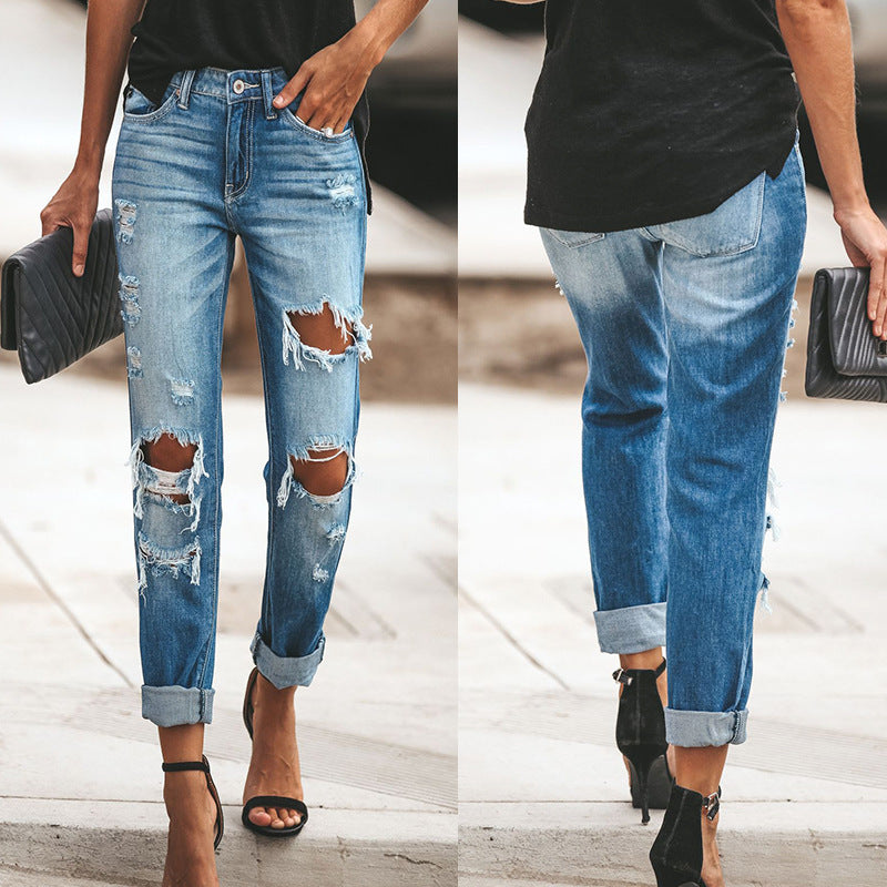 LADIES DISTRESSED DENIM PANTS BLUE (SIZE S-2XL)