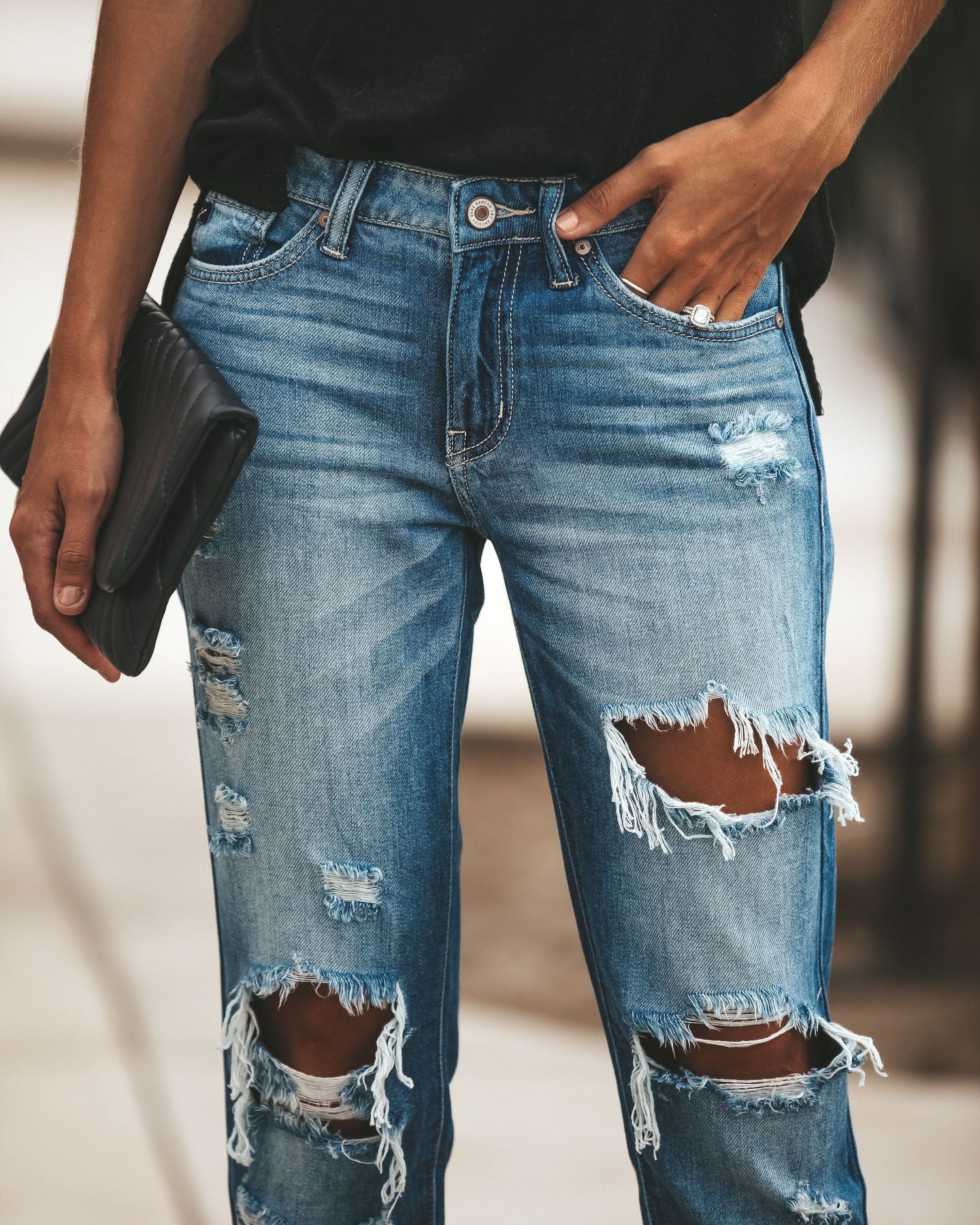 LADIES DISTRESSED DENIM PANTS BLUE (SIZE S-2XL)