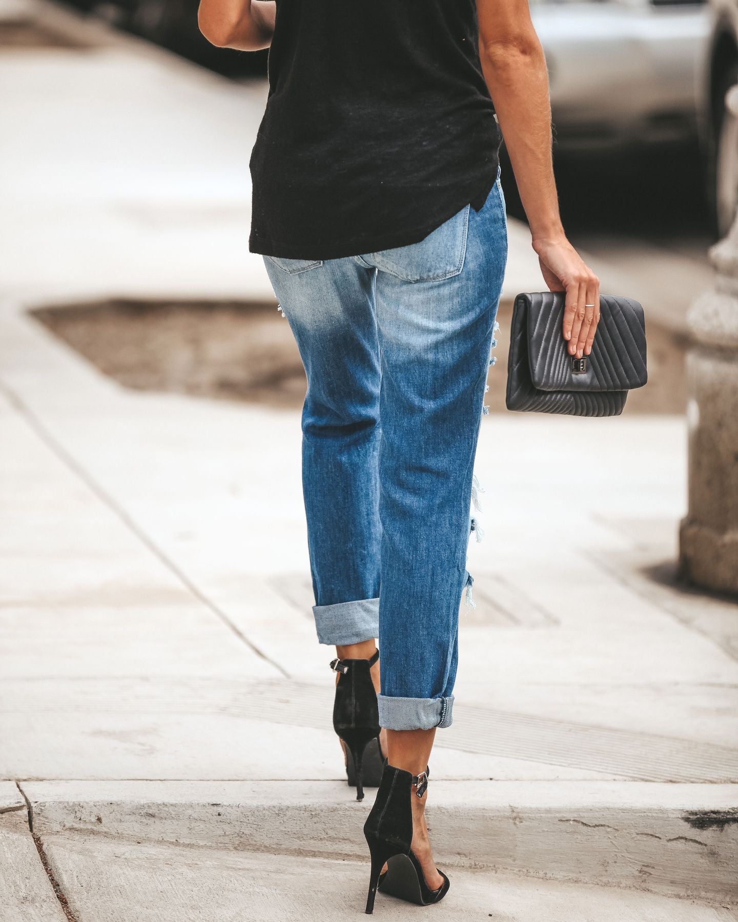 LADIES DISTRESSED DENIM PANTS BLUE (SIZE S-2XL)