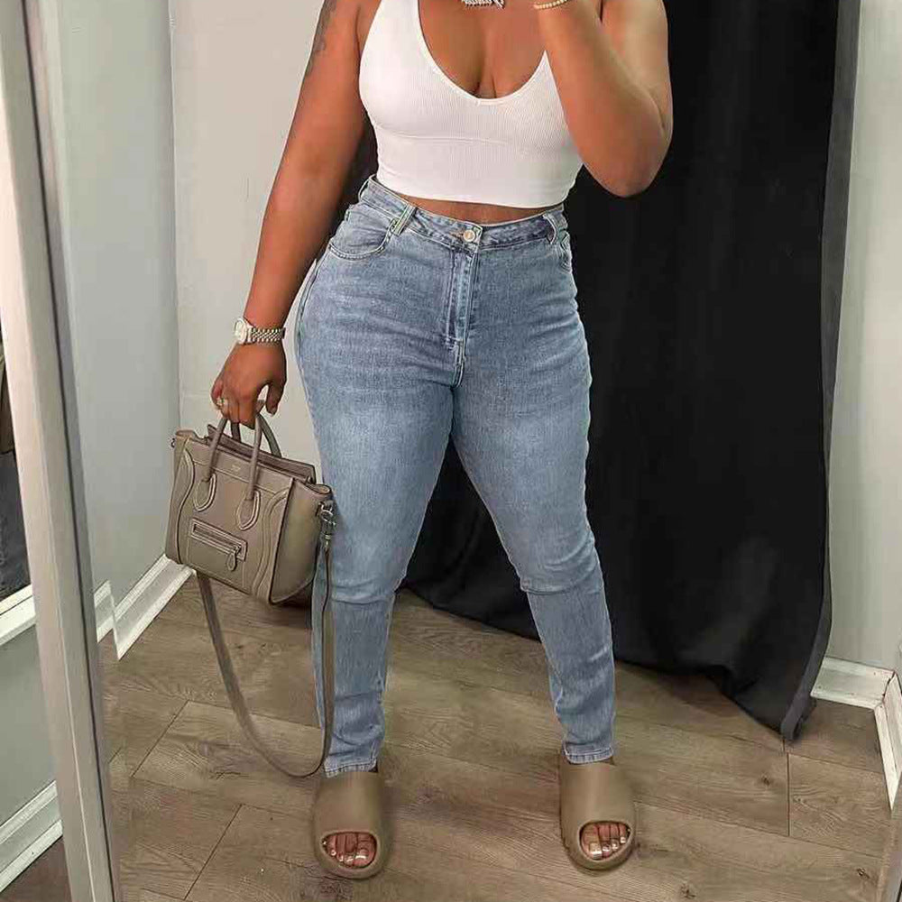 LADIES HIGH WAISTED CUT OUT DENIM PANTS BLUE DENIM (SIZE S-XL)