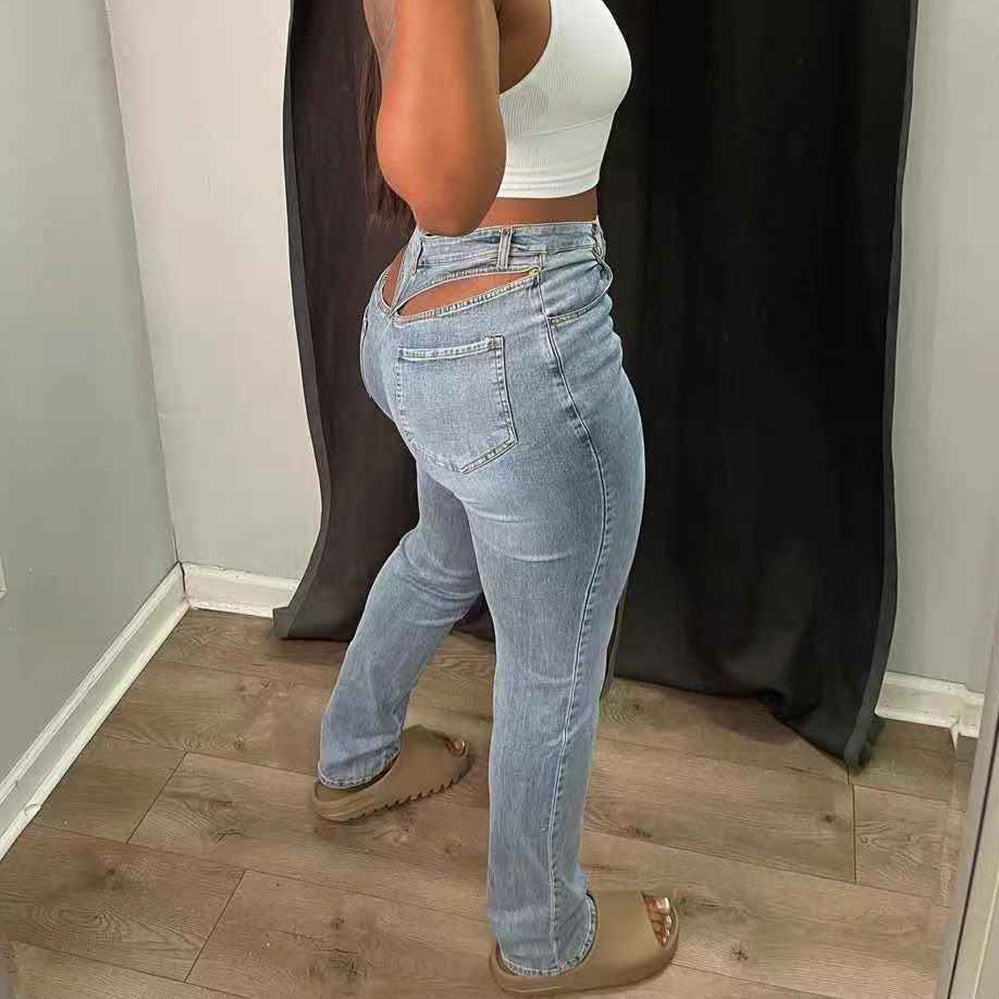 LADIES HIGH WAISTED CUT OUT DENIM PANTS BLUE DENIM (SIZE S-XL)