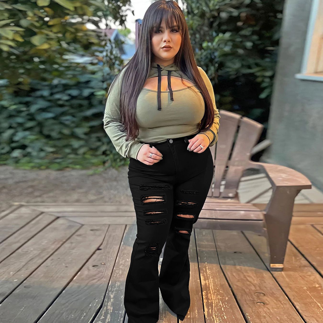 LADIES DISTRESSED DENIM PANTS BLACK (SIZE XS-2XL)