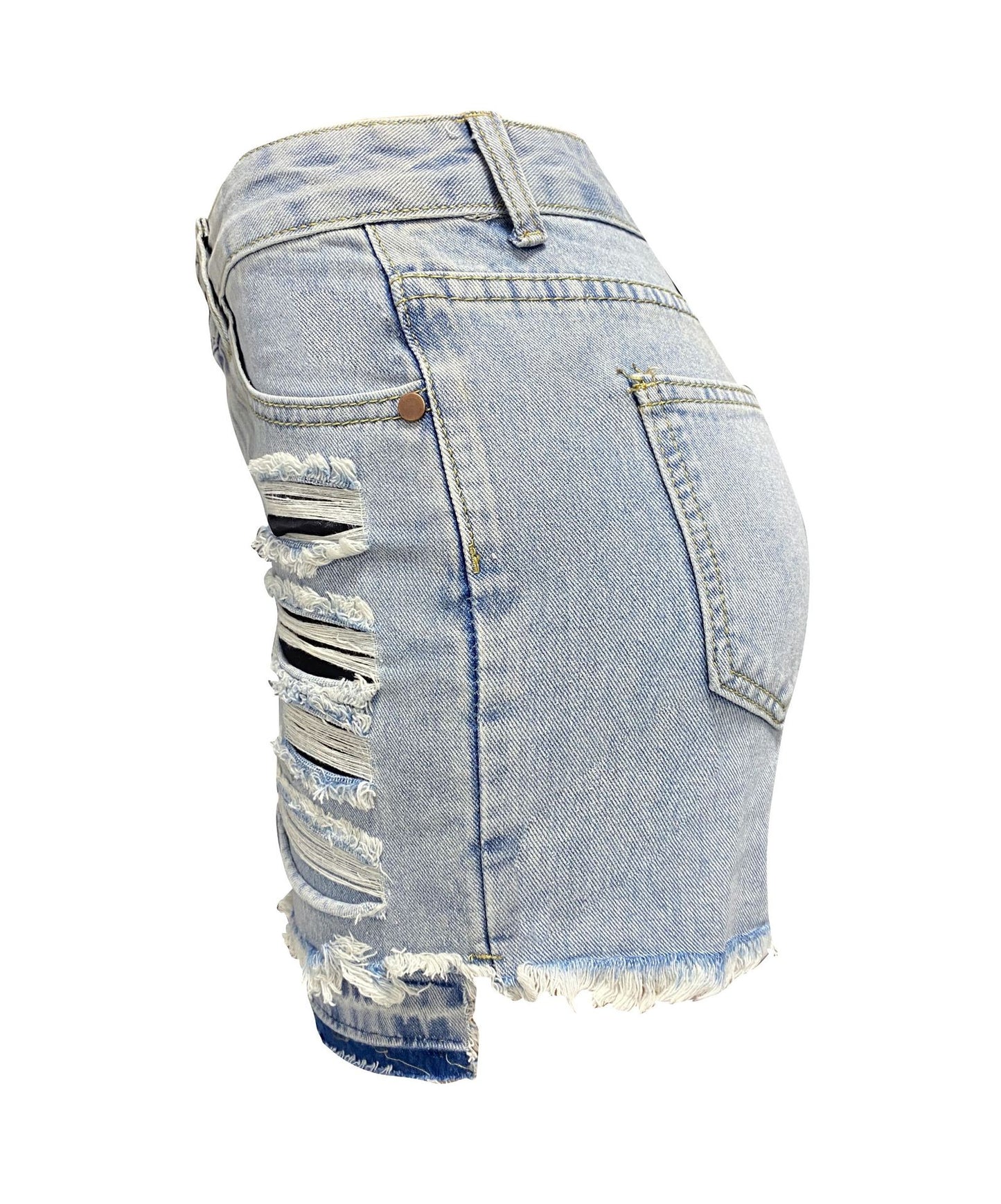 LADIES HIGH WAIST DENIM SHORTS LIGHT BLUE DENIM (SIZE S-2XL)