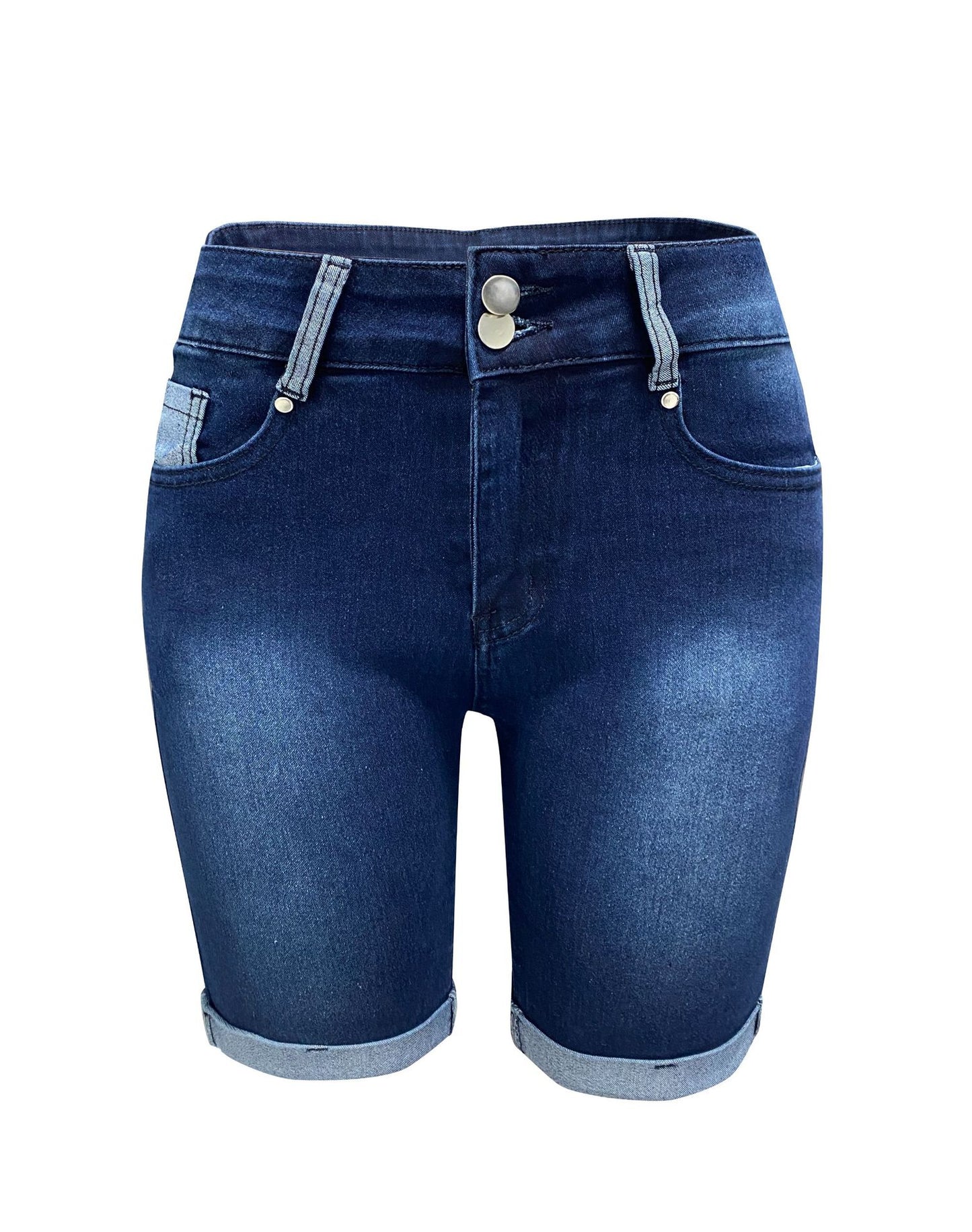 LADIES HIGH WAIST TIGHT FIT DENIM SHORTS BLUE DENIM (SIZE S-XL)