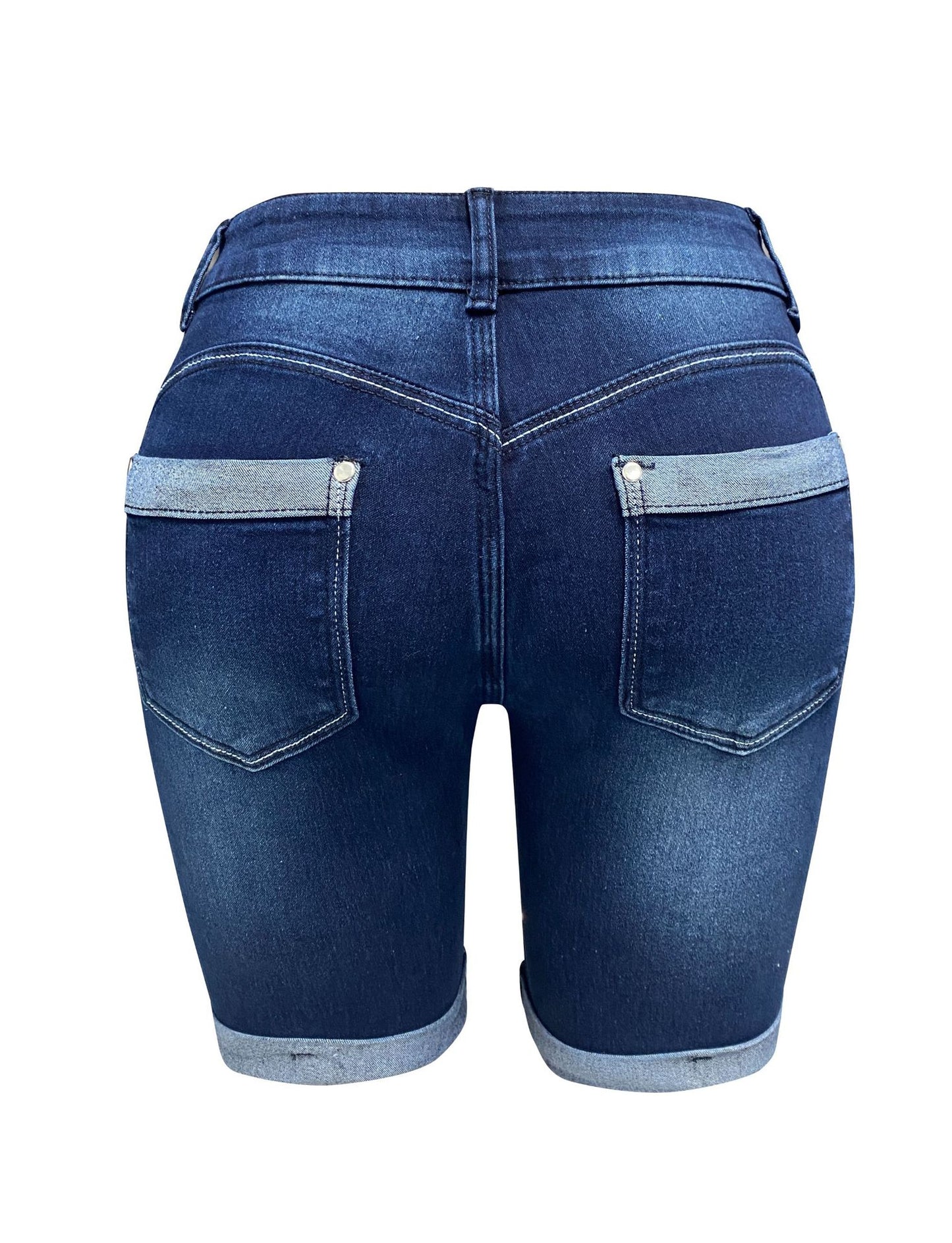 LADIES HIGH WAIST TIGHT FIT DENIM SHORTS BLUE DENIM (SIZE S-XL)