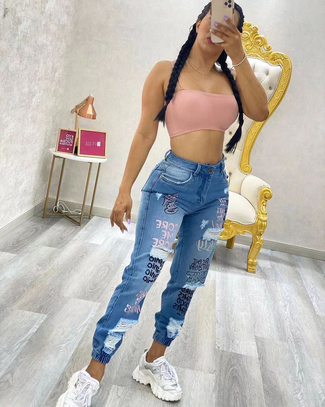 LADIES DISTRESSED DENIM PANTS BLUE DENIM (SIZE S-2XL)