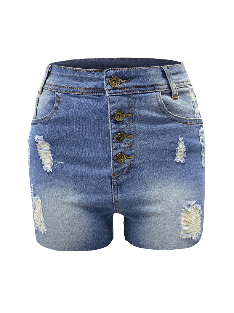 LADIES SLIM FIT DISTRESSED DENIM SHORTS BLUE DENIM (SIZE S-XL)