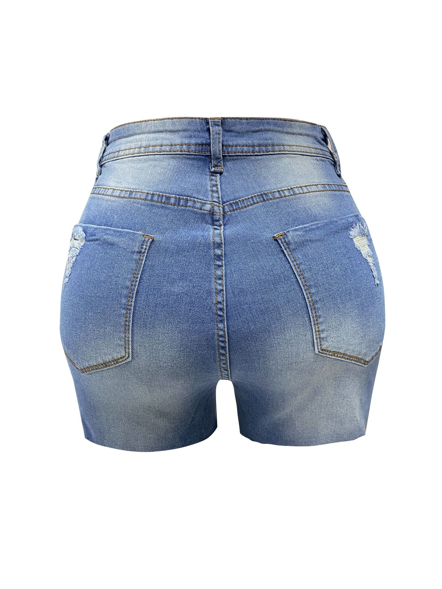 LADIES SLIM FIT DISTRESSED DENIM SHORTS BLUE DENIM (SIZE S-XL)