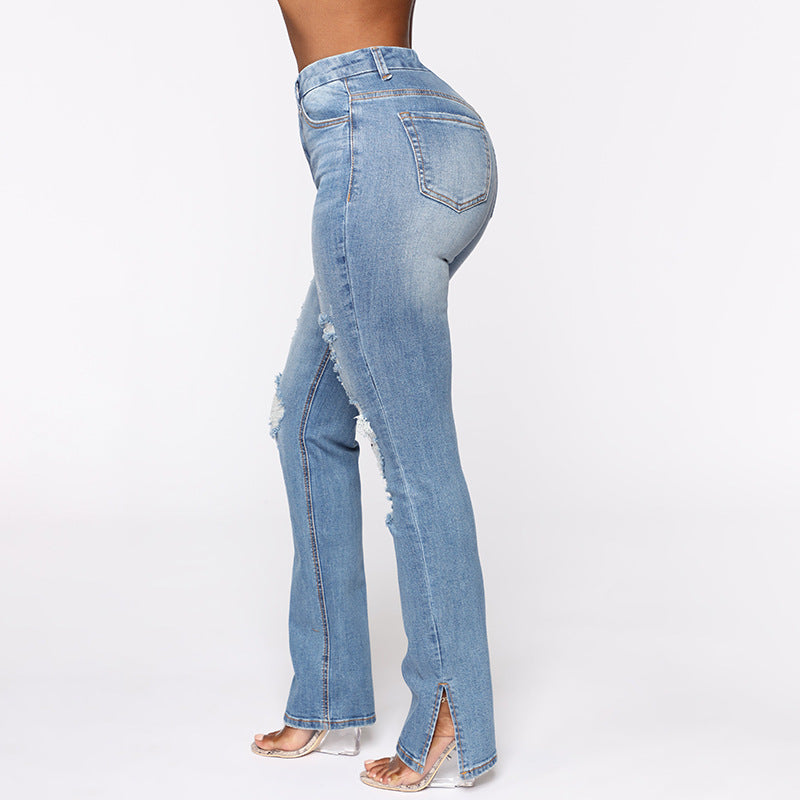 LADIES HIGH WAIST DISTRESSED DENIM JEANS LIGHT BLUE DENIM (SIZE S-2XL)